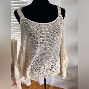 Venus Brand Crochet Cold Shoulder Poncho Style Top Beige